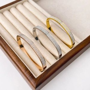 Three-color luxury titanium steel bangles with sparkling rhinestones in a gift box