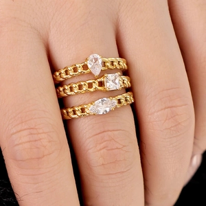 Fashion Zircon Ring Titanium Steel 18K Gold Plated Chain Link Texture Square Pear Marquise Geometric Jewelry For Women