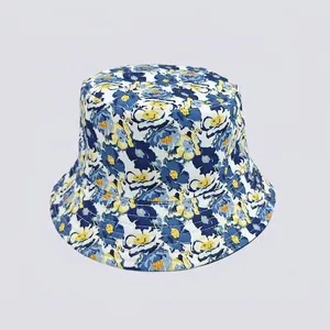 Detail of floral bucket hat featuring vibrant blue and yellow digital flower prints