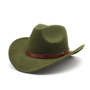 Detail of dark green wool felt cowboy hat with embossed brown leather band and silver rivet