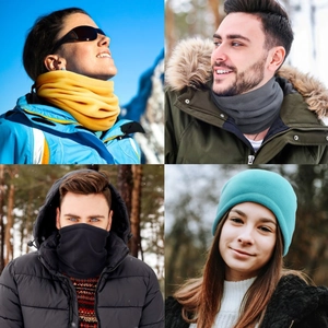 Collage of fleece neck gaiters for winter sports in yellow, gray, black, and blue