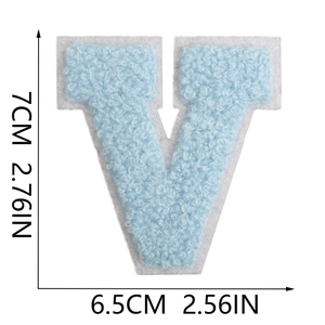 Detail showing 7cm light blue chenille letter V patch with dimensions and white border
