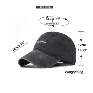 Detailed view of washed cotton baseball cap with Everyday embroidery and size measurements