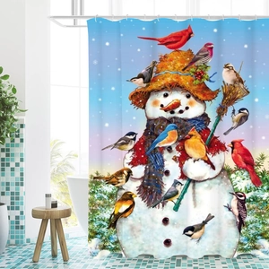 Winter snowman and colorful birds pattern waterproof polyester shower curtain in bathroom