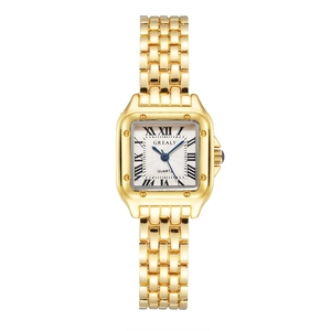 Montre à quartz carrée pour femme en acier inoxydable doré avec cadran à chiffres romains