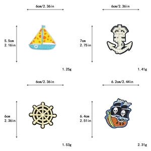 Detailed size and weight charts for nautical embroidery patches including anchor and wheel