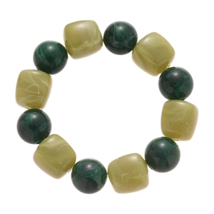 Handmade green acrylic beaded bracelet with irregular square and round marble pattern beads