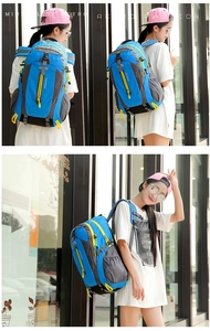 Blue and grey large hiking backpack shown from various side angles on a person