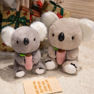 Cute koala plush toy set in grey and beige with soft fur and pink log accessories