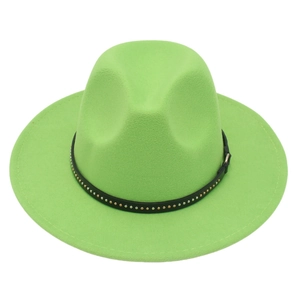 Detail of neon green fedora hat featuring black leather band with metallic rivets