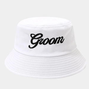 White cotton groom bucket hat with black script embroidery for wedding gift decor