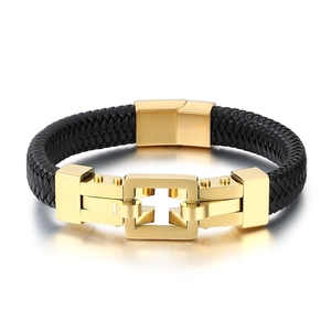 Men's braided black leather bracelet featuring a gold square stainless steel magnetic clasp