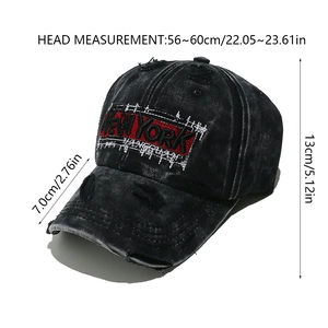 Detail of New York embroidery and vintage distressed frayed denim on the baseball cap