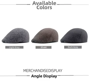 Three men's winter ivy caps in grey and khaki with thick textured wool blend fabric