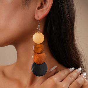 Vintage Bohemian Wood Dangle Earrings For Women Round Geometric Gradient Wooden Drop Earrings With Metal Hooks