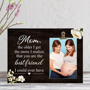 Mother's Day wooden photo holder plaque with white floral patterns and heart warming quote