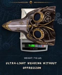 Steampunk plague doctor mask on digital scale showing a lightweight 71g design