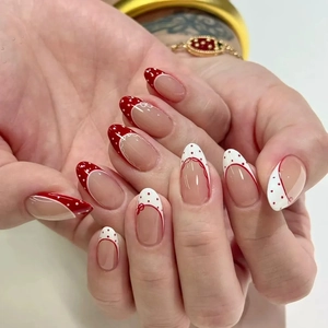 Red White French Almond Press On Nails Long Polka Dot Bow Pattern Lace Design Plastic Manicure For Women Elegant Sweet