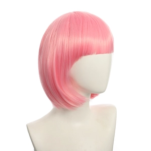 Detailed close-up of a pink short Bob wig with flat bangs on a mannequin head