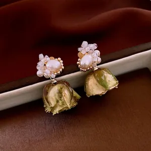 18k gold plated flower pearl drop earrings featuring vintage dried rose buds
