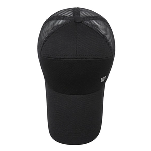 Men's black mesh trucker hat with long brim and metal shield logo for outdoor sun protection