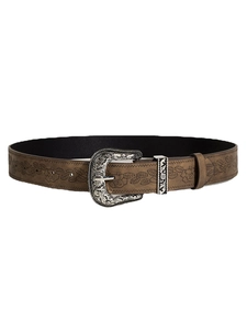 Brown leather belt with floral embossed patterns and ornate silver western buckle