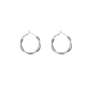 Close-up of twisted double-line silver geometric hoop earrings with S925 sterling silver pins