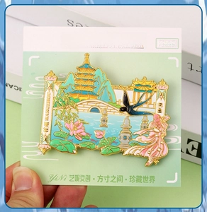 Detail of West Lake Hangzhou souvenir magnet with colorful enamel and golden metal finish