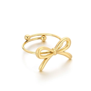 Minimalist golden bow stainless steel open ring with adjustable band on white background