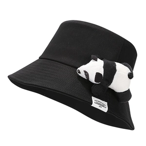 Cute black cotton bucket hat with plush panda doll and white logo label decoration