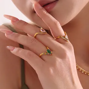Bague En Forme De V Acier Inoxydable Ajustable Zircon Coupe Poire Multicolore Empilable Bijoux Mode Pour Femmes