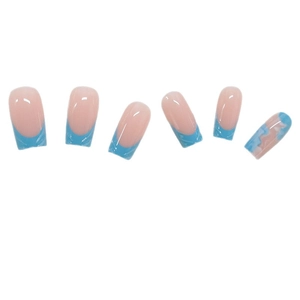Classic light blue French press-on nails with 3D marble patterns and square glossy finish