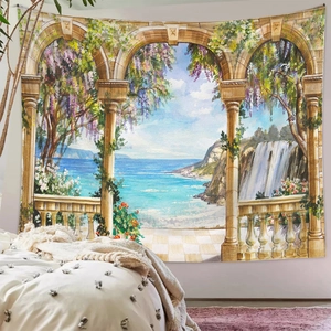Detaillierter Wandteppich mit mediterraner Balkonlandschaft, Blumenbogen und Meerblick-Design