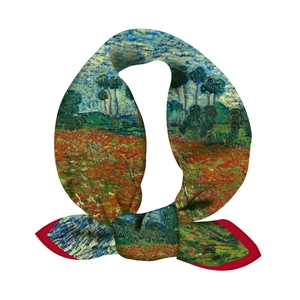 Detail of Van Gogh poppy field oil painting silk scarf tied in a stylish knot