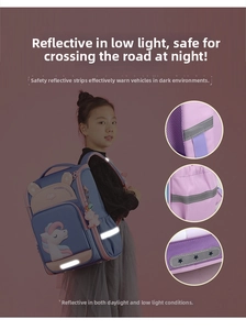 Detail of safety reflective strips on a pink and blue unicorn school backpack for kids