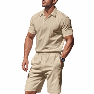 Detailed texture of men's apricot linen polo shirt and shorts set with waffle pattern