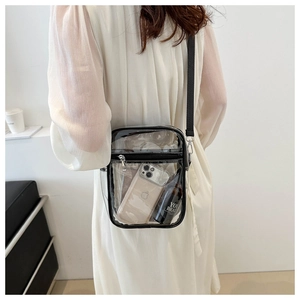 Detail view of transparent PVC crossbody bag showing internal storage for phone and makeup