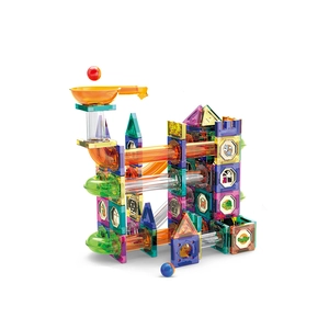 Magnetic tile race track toy set with colorful tubes and balls for children's creative play