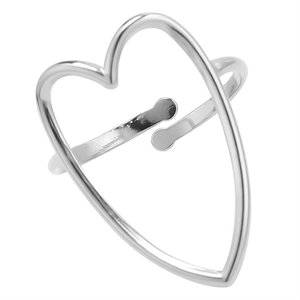 Close-up of a silver oversized hollow heart-shaped open ring in a minimalist style