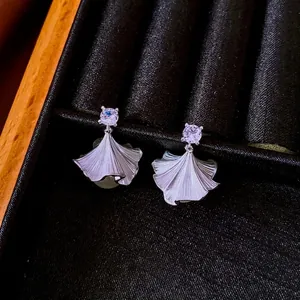 Elegant silver ginkgo leaf drop earrings with zircon and pearl in a black gift box