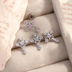 Cross earrings with micro-inlaid cubic zirconia in pink, blue, purple, and white colors