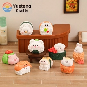 Detailed macro view of creative mini sushi pet figurines in a miniature restaurant setting