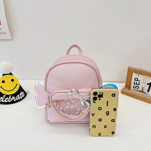 Pink sequin backpack for girls with heart transparent window and bow decoration