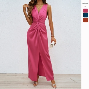 Elegant Sleeveless V Neck Satin Maxi Dress Twist Waist High Slit Slim Fit Formal Party Evening Gown For Women