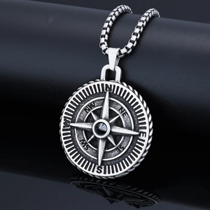 Vintage stainless steel viking compass pendant necklace with black gemstone and box chain