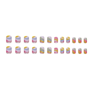 Short square press-on nails set with colorful abstract painting patterns on white background