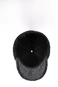 Detailed top view of men's winter hat with thick lining and warm textured fabric