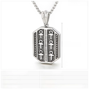 Detailed view of punk style stainless steel ankh pendant with 44mm x 29mm dimensions