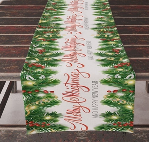 Detailed Christmas table runner with Merry Christmas lettering and festive berry patterns