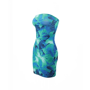 Detailed view of women's strapless dress with teal tropical floral print on a ghost mannequin